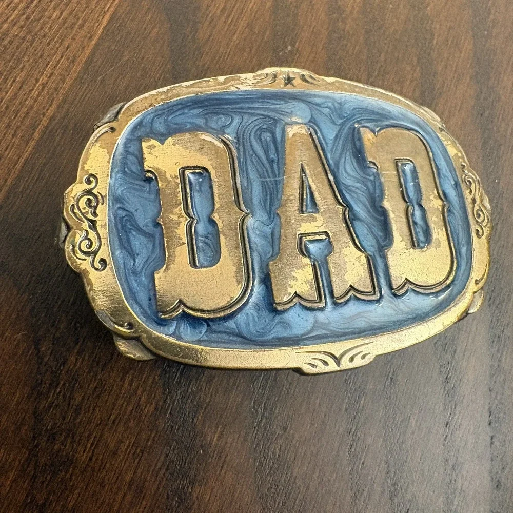 Vintage DAD Belt Buckle Blue Enamel Brass Tone Father's‎ Day Gift